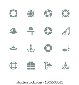 float icon set. Collection of 16 filled float icons included Buoy, Fishing, Lifejacket, Lifesaver, Pamela, Lifebuoy