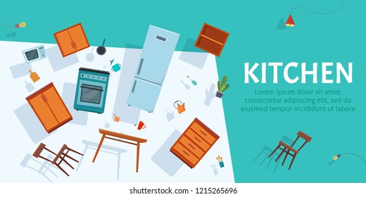 Float kitchen interior with furniture hovering on white background . Flat cartoon style vector illustration.