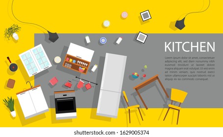 Float kitchen interior with furniture hovering on grey background. Flat style vector illustration.