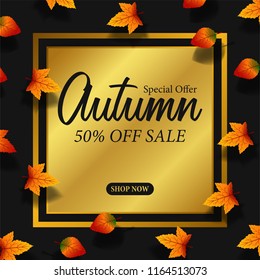 float maple autumn leaves fall with golden emblem template. sale offer template. poster discount template. vector illustration