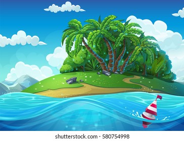 Float on the background of the island with palm trees in the sea under clouds. Marine life landscape - the ocean and the underwater