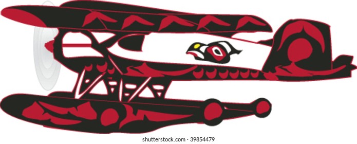 Float plane with bodywork decorations rendered in Northwest Coast Native style.