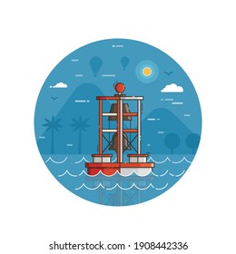 Float red bell buoy seaside icon with sea navigation marker on tropical beach coast .