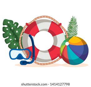 float with snorkel masks and beach ball with leaves plants
