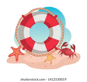 float with starfishes and crab in the beach sand