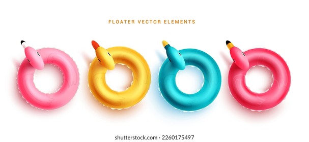 Conjunto de vector de verano flotante. Flamingo de flotador de verano, elemento de diseño de pato y pájaros para objetos de mar de playa. Diseño de colección de verano de ilustraciones vectoriales.
