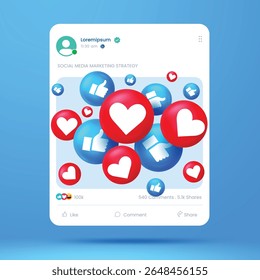 Floating 3D like and love icons in a modern social media post mockup. Ideal for content marketing, engagement, digital campaigns, and online interaction visuals.