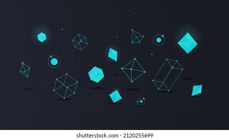 Floating 3D neon. Abstract image in minimalistic style. Beautiful wallpaper design for computers and phones. Metaphor of digital world and units of information. Isometric vector illustration