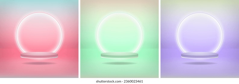 Floating 3d rendered podium mockup scenes with glowing circle frame in pastel interiors. Vector Illustration. EPS 10.