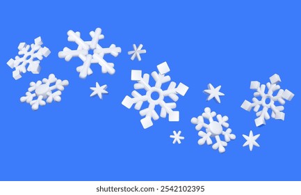 Floating 3D white snowflakes in various shapes against a bright blue background, perfect for winter and holiday-themed designs.