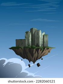 Floating abandoned city vector illustration. Flying island with blue sky and cloud.