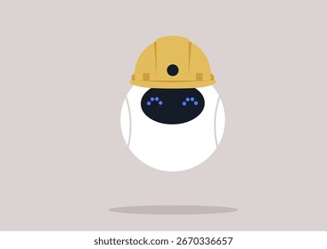 Floating above a soft background, a playful robot dons a yellow hard hat, symbolizing the fusion of robotics and construction safety in modern workspaces