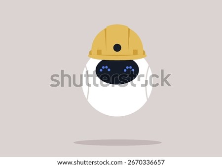 Floating above a soft background, a playful robot dons a yellow hard hat, symbolizing the fusion of robotics and construction safety in modern workspaces