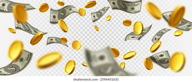 Floating in the air gold rain coins and dollar paper currency banner design vector