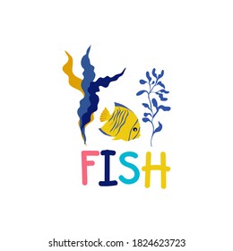 Flotando en pescados y letras de algas mientras los niños tejen la ilustración de vectores de impresión. Concepto de vida marina y marina