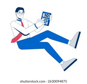 Floating asian male accountant with calculator 2D cartoon character. Financial analysis. Accounting man calculating budget money flat vector person isolated on white. Spot illustration colorful