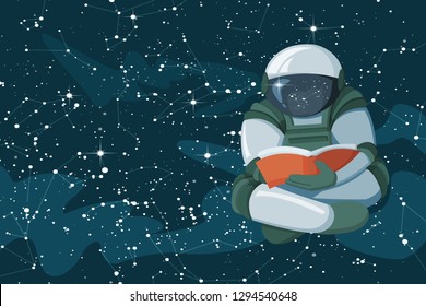 Floating astronaut reading a book in the open space, concept of poster vector illustration. Flat like or cartoon style vector illustration. Stars constellations and signs of the zodiac.