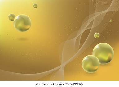 Fondo flotante de bolas doradas. Forma geométrica. Arte de línea ondulada.