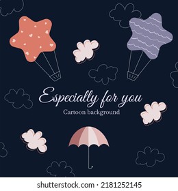 floating balloons and umbrella with clouds cartoon background