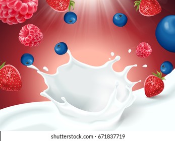 floating berries with splashing milk effects in 3d illustration for summer, background design