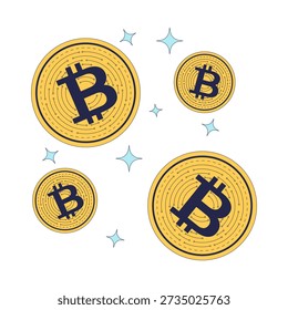 Floating bitcoin coins with sparkles 2D cartoon object. Crypto digital currency levitating. Virtual money. Cryptocurrency twinkles isolated element flat vector clip art on white. Spot illustration