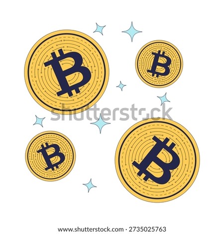Floating bitcoin coins with sparkles 2D cartoon object. Crypto digital currency levitating. Virtual money. Cryptocurrency twinkles isolated element flat vector clip art on white. Spot illustration