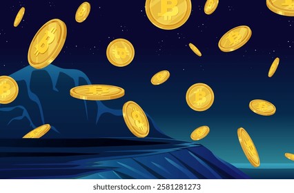 Floating bitcoins over a mountainous landscape at night