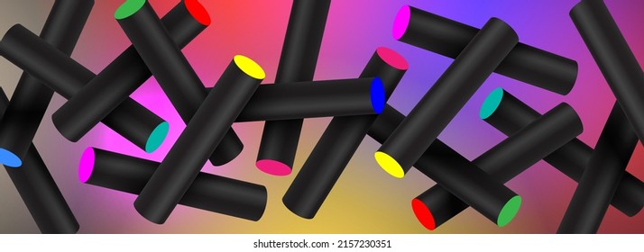 Floating black sticks with colorful light spots, abstract artistic horizontal vector background.