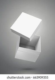 floating blank white paper box and separate lid 3d illustration, can be used as design element, isolated dark gray background, side view