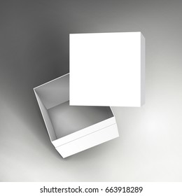 floating blank white paper box and separate lid 3d illustration, can be used as design element, isolated bicolor background, side view