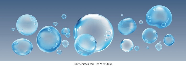 Floating blue bubbles on a gradient background. Bubbles vary in size, creating a whimsical, airy effect. Bubbles appear translucent and shiny. Soap bubble element vector set.