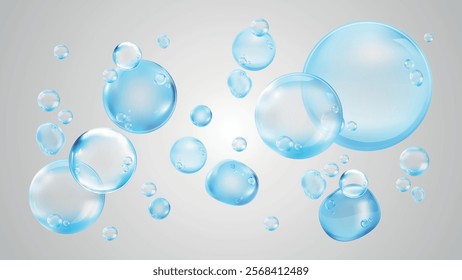 Floating blue bubbles on a light background. Bubbles vary in size, creating a dynamic, airy effect. Bubbles are translucent, enhancing the light, airy feel. Soap bubble element vector set.