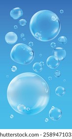 Floating blue bubbles on a light blue background. Bubbles vary in size, creating a playful, airy atmosphere. Bubbles are translucent and glossy. Soap bubble element vector set.