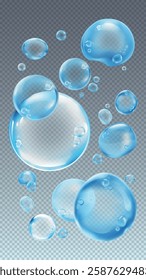 Floating blue bubbles on a transparent background. Bubbles vary in size, creating a light, airy effect.