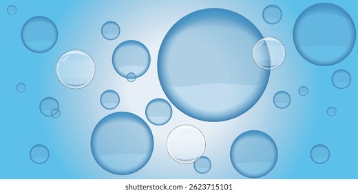 Floating blue bubbles on a white background. Bubbles vary in size, creating a light, airy feel. Blue bubbles add a sense of freshness and purity. Soap bubble element vector set.
