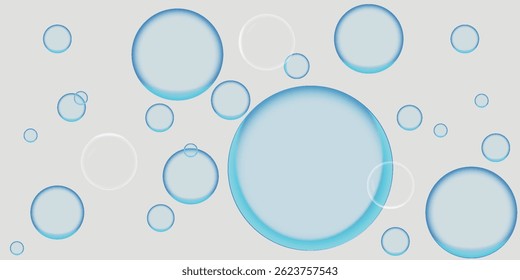 Floating blue bubbles on a white background. Bubbles vary in size, creating a light, airy feel. Blue bubbles add a sense of freshness and purity. Soap bubble element vector set.