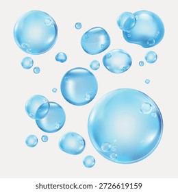 Floating blue bubbles on a white background. Bubbles of various sizes create a playful, airy feel. Blue bubbles add a whimsical touch. Perfect for a fresh, clean design. Soap bubble element vector set
