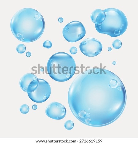 Floating blue bubbles on a white background. Bubbles of various sizes create a playful, airy feel. Blue bubbles add a whimsical touch. Perfect for a fresh, clean design. Soap bubble element vector set