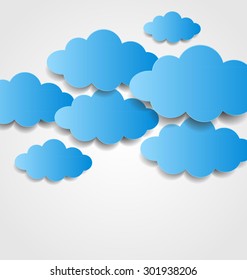 Floating blue paper clouds on grey background, Paper cut design. Vector illustration.