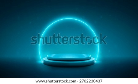 Floating blue podium with glowing neon ring. Futuristic 3D product display background. Vector illustration