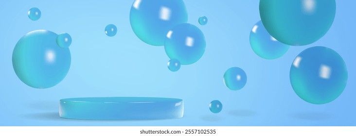 Floating blue sphere composition with circular podium on pastel background - modern minimal showcase design with glossy orbs. Realistic 3d vector product presentation display layout with balls.
