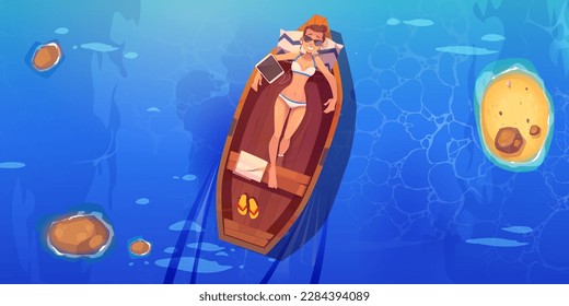 Floating boat with lying beautiful girl in bikini enjoy holiday vector background. Woman listening music in earphones from tablet, wearing sunglasses and float in wooden dinghy in summer.