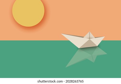 Floating boat in the sea. Concept in modern 3d paper cut out style. Summer time , sea and boat. Eps10 vector illustration.