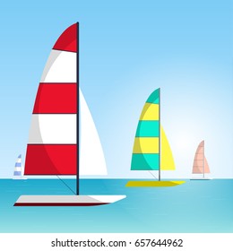 Floating boat Vector illustration Four multi colored sailboats are sailing on the sea Water sports Cartoon style svg