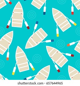 Floating boat Vector illustration Seamless pattern Rowing boat with red, blue, yellow and burgundy oars on a blue background Flat design