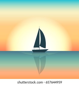 Floating boat Vector illustration Silhouette of a sailing boat floating in the middle of the sea Setting sun on background Cartoon style