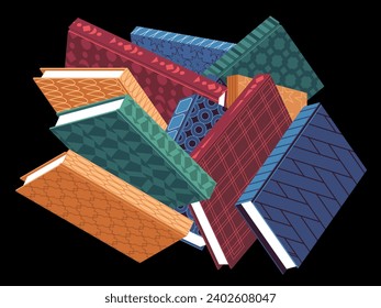 Floating books illustration. various hardcover books flying in the air. Fun educational drawing. Vector.