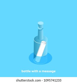 Floating bottle with a bundle of paper, isometric image