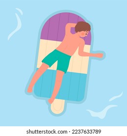 Floating boy on swimming ice cream mattress. Summer vacation, pool relaxing time vector illustration