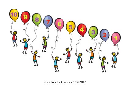 floating boys and balloons with numbers (vector) - cartoon illustration